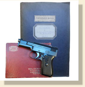 Mauser pocket pistol model 1910 with historical documents from the Paul Mauser Private Archive. All Rights Reserved.