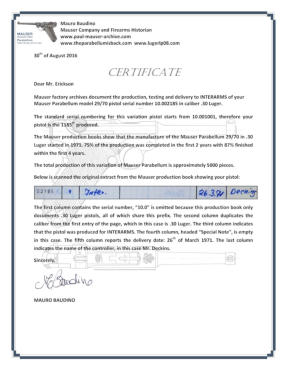 Mauser Parabellum (Interarms) Certificate