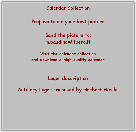 Text Box: Calendar Collection

Propose to me your best picture

Send the picture to:
m.baudino@libero.it

Visit the calendar collection 
and download a high quality calendar


Luger description

Artillery Luger reworked by Herbert Werle.


